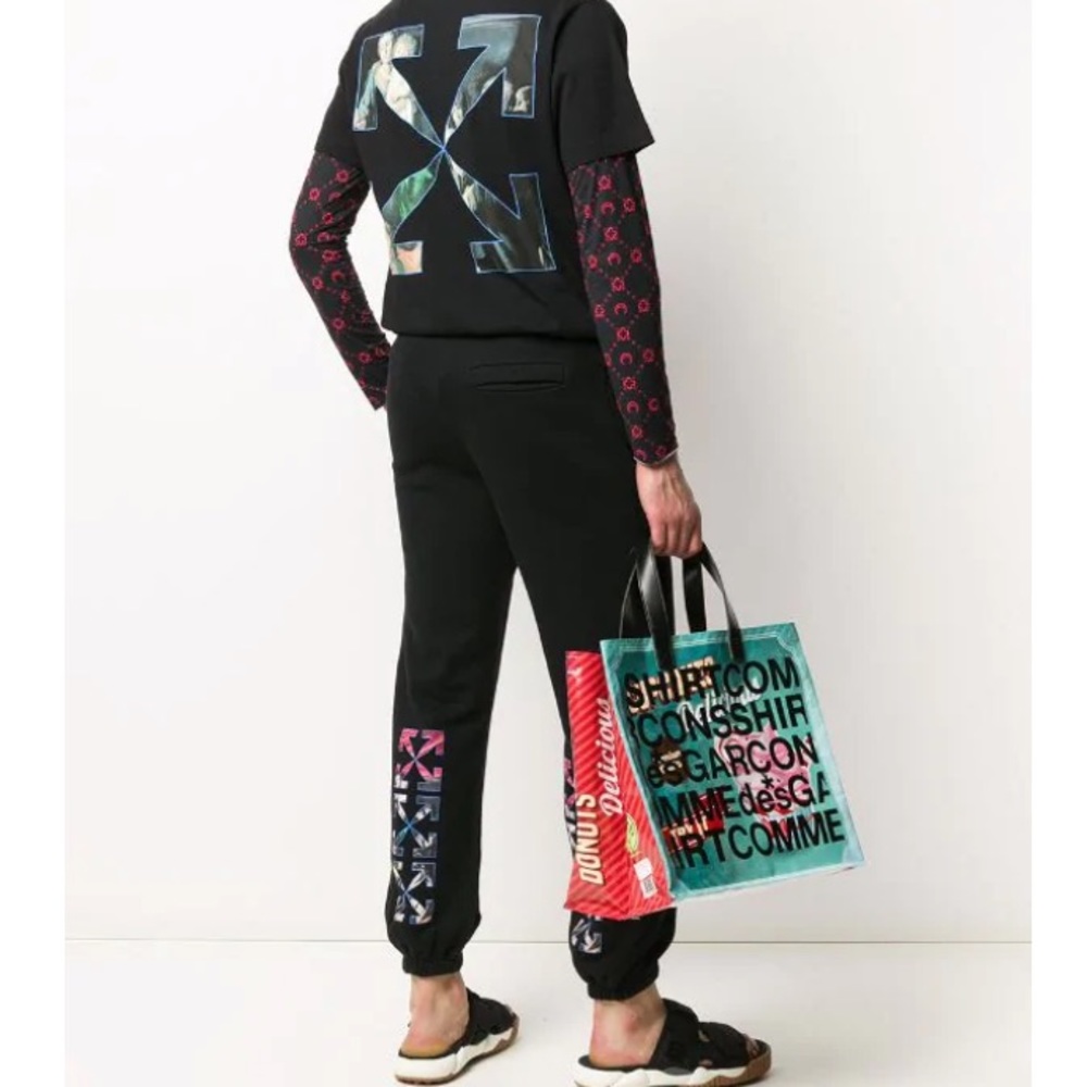 Off-white designer track pants.